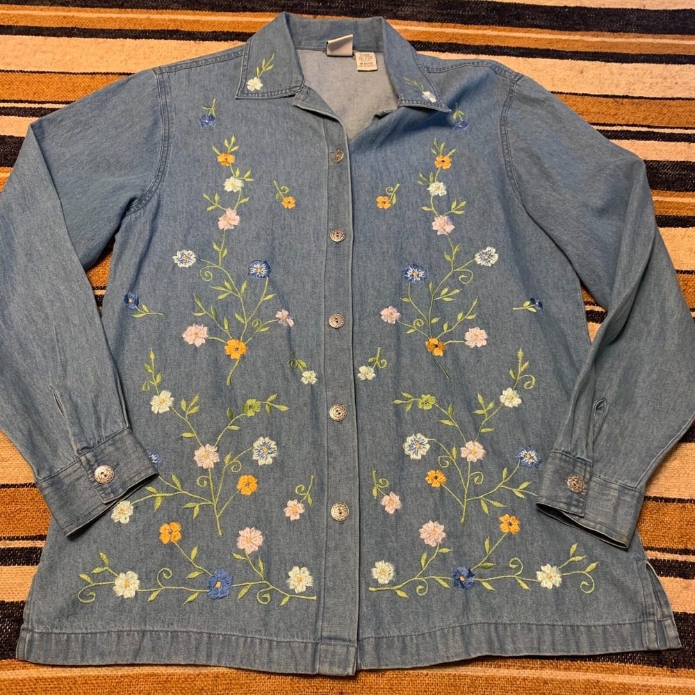 Haband Denim Shirt Medium Blue Floral Embroidered Button Down Cottage Granny